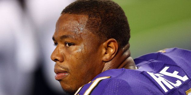 ARLINGTON, TX - AUGUST 16: Ray Rice #27 of the Baltimore Ravens sits on the bench against the Dallas Cowboys in the first half of their preseason game at AT&T Stadium on August 16, 2014 in Arlington, Texas. (Photo by Ronald Martinez/Getty Images)