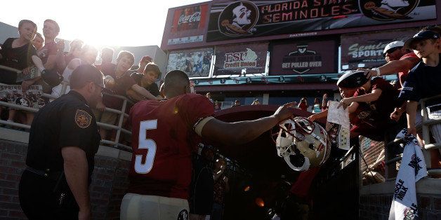 TALLAHASSEE, FL - APRIL 12: Jameis Winston #5 of the Garnet team leaves the field following Florida State's Garnet and Gold spring game at Doak Campbell Stadium on April 12, 2014 in Tallahassee, Florida. (Photo by Stacy Revere/Getty Images)