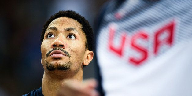 BARCELONA, SPAIN - SEPTEMBER 09: Derrick Rose #6 of the USA Basketball Men's National Team looks on during the warm up prior to the 2014 FIBA Basketball World Cup quarter-final match between Slovenia and USA at Palau Sant Jordi on September 9, 2014 in Barcelona, Spain. (Photo by David Ramos/Getty Images)