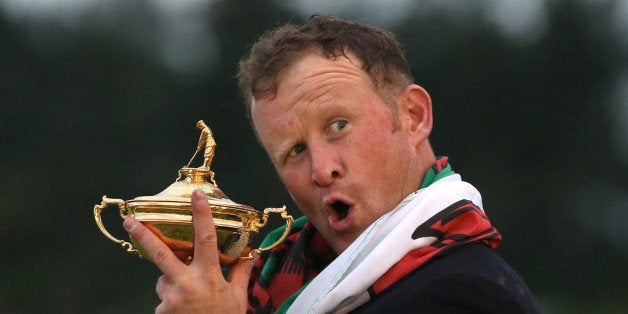AUCHTERARDER, SCOTLAND - SEPTEMBER 28: Jamie Donaldson celebrates as Europe retain the Ryder Cup during the Singles Matches