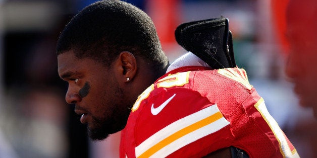 KANSAS CITY, MO - NOVEMBER 25: Inside linebacker Jovan Belcher #59 of the Kansas City Chiefs wathces from the sideliens duri