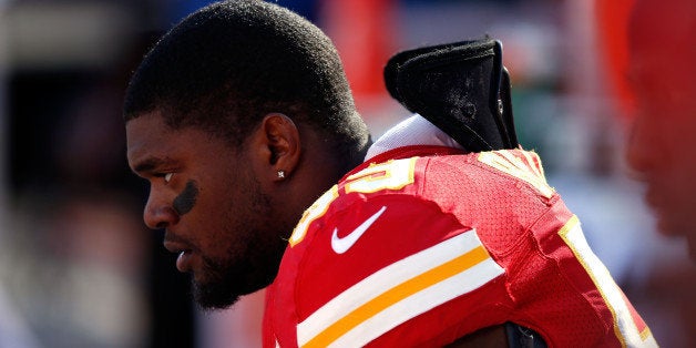 KANSAS CITY, MO - NOVEMBER 25: Inside linebacker Jovan Belcher #59 of the Kansas City Chiefs wathces from the sideliens during his final game against the Denver Broncos at Arrowhead Stadium on November 25, 2012 in Kansas City, Missouri. (Photo by Jamie Squire/Getty Images)