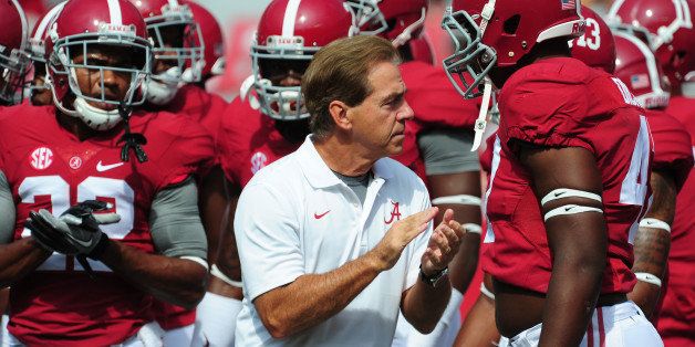 TUSCALOOSA, AL - SEPTEMBER 6: Head Coach Nick Saban of the Alabama Crimson Tide directs warmups before the game against the Florida Atlantc Owls at Bryant-Denny Stadium on September 6, 2014 in Tuscaloosa, Alabama. (Photo by Scott Cunningham/Getty Images)