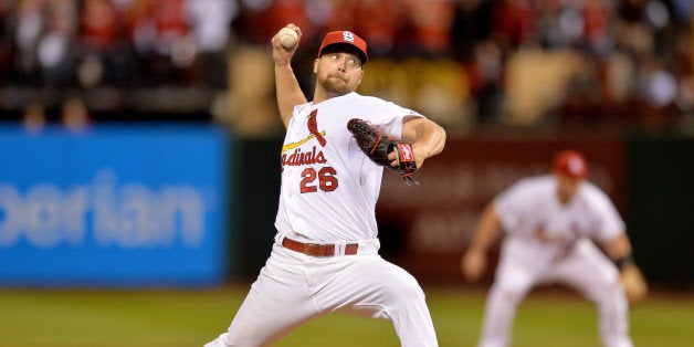 ST LOUIS, MO - OCTOBER 06: Trevor Rosenthal #26 of the St. Louis Cardinals pitches in the ninth inning against the Los Angel