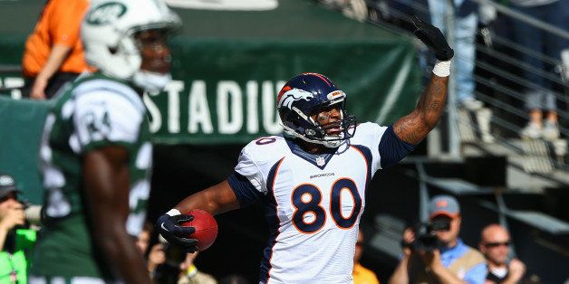 EAST RUTHERFORD, NJ - OCTOBER 12: Julius Thomas #80 of the Denver Broncos celebrates a touchdown in the second quarter durng a game against the New York Jets at MetLife Stadium on October 12, 2014 in East Rutherford, New Jersey. (Photo by Elsa/Getty Images)