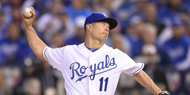 Kansas City Royals starting pitcher Jeremy Guthrie throws in the first inning against the Baltimore Orioles in Game 3 of the American League Championship Series at Kauffman Stadium in Kansas City, Mo., on Tuesday, Oct. 14, 2014. (David Eulitt/Kansas City Star/MCT via Getty Images)
