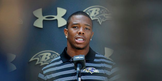 Baltimore Ravens running back Ray Rice answers question during a news conference after NFL football training camp practice, Thursday, July 31, 2014, in Owings Mills, Md.(AP Photo/Gail Burton)