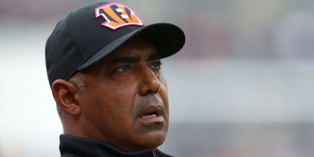 CINCINNATI, OH - OCTOBER 12: Head Coach Marvin Lewis of the Cincinnati Bengals watches a replay on the scoreboard as his team takes on the Carolina Panthers at Paul Brown Stadium on October 12, 2014 in Cincinnati, Ohio. (Photo by Andy Lyons/Getty Images)