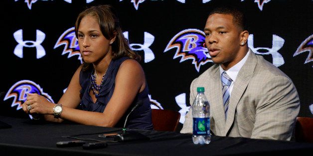 Baltimore Ravens running back Ray Rice, right, speaks alongside his wife Janay during an NFL football news conference, Friday, May 23, 2014, at the team's practice facility in Owings Mills, Md. Ray Rice spoke to the media for the first time since his arrest for assaulting his fiance, now his wife, at a casino in Atlantic City, N.J. (AP Photo/Patrick Semansky)