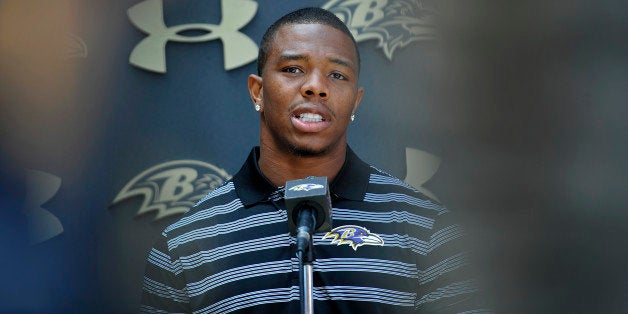 Baltimore Ravens running back Ray Rice answers question during a news conference after NFL football training camp practice, Thursday, July 31, 2014, in Owings Mills, Md.(AP Photo/Gail Burton)