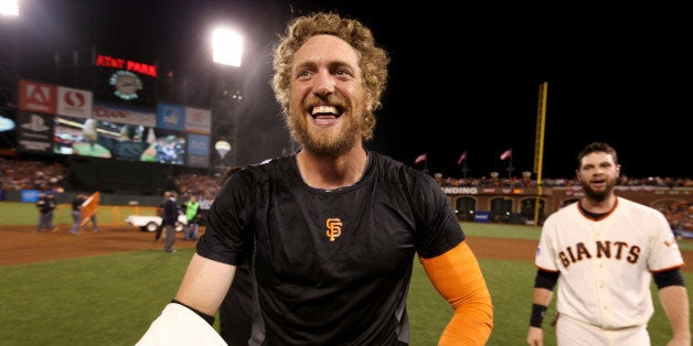 SAN FRANCISCO, CA - OCTOBER 16: Hunter Pence #8 of the San Francisco Giants celebrates after the Giants defeat the St. Louis