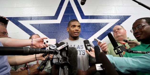 Dallas Cowboys practice squad player defensive end Michael Sam speaks to reporters after team practice at the team's headquarters Wednesday, Sept. 3, 2014, in Irving, Texas. (AP Photo/LM Otero)