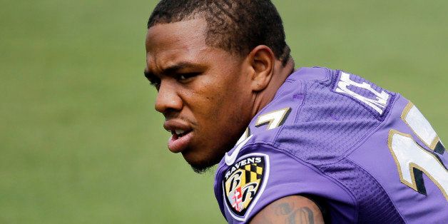 FILE - In this June 18, 2014, file photo, Baltimore Ravens running back Ray Rice stretches during NFL football practice at the team's training facility in Owings Mills, Md. It's an NFL fact of life: If a player has talent, a team can find a place for him, no matter how bad his off-the-field profile. Ray Rice is testing that maxim, as much for his deed as the fact that it's documented on video. He's suspended now, but can he rehab his image enough to come back on the field? (AP Photo/Patrick Semansky, File)