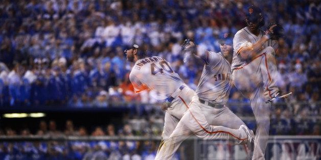 KANSAS CITY, MO - OCTOBER 21: (EDITORS NOTE: Multiple exposures were combined in camera to produce this image.) A multiple-exposure sequence of Madison Bumgarner #40 of the San Francisco Giants pitching during Game 1 of the 2014 World Series against the Kansas City Royals on Tuesday, October 21, 2014 at Kauffman Stadium in Kansas City, Missouri. (Photo by Ron Vesely/MLB Photos via Getty Images) 