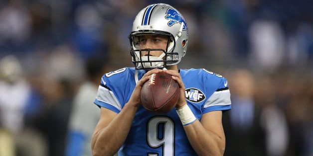 DETROIT, MI - October 19: Matthew Stafford #9 of the Detroit Lions participates in pre game warm ups prior to playing the New Orleans Saints at Ford Field on October 19, 2014 in Detroit, Michigan. (Photo by Leon Halip/Getty Images)