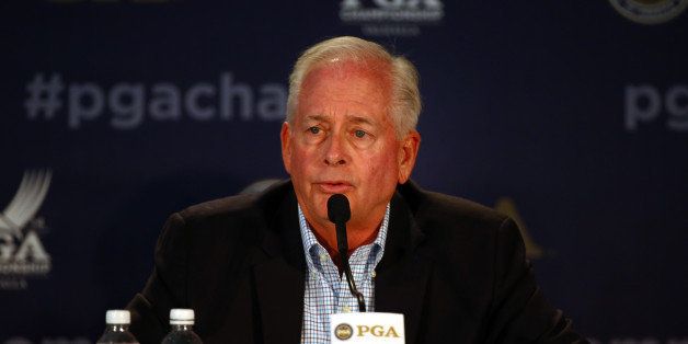 LOUISVILLE, KY - AUGUST 06: President of The PGA of America, Ted Bishop speaks with the media during a practice round prior to the start of the 96th PGA Championship at Valhalla Golf Club on August 6, 2014 in Louisville, Kentucky. (Photo by Andy Lyons/Getty Images)