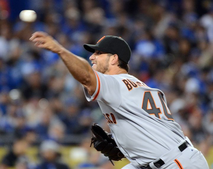 LOS ANGELES, CA - APRIL 02: Madison Bumgarner #40 of the San Francisco Giants pitches a one hit shutout during the sixth inning against the Los Angeles Dodgers at Dodger Stadium on April 2, 2013 in Los Angeles, California. (Photo by Harry How/Getty Images)