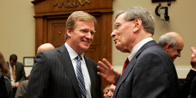 National Football League Commissioner Roger Goodell, left, talks with Major League Baseball Commissioner Allan Selig, right, on Capitol Hill in Washington, Wednesday, Feb. 27, 2008, prior to testifying before the House Commerce, Trade and Consumer Protection subcommittee hearing on drug use in sports. (AP Photos/Susan Walsh)