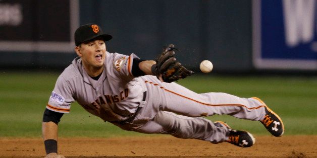 San Francisco Giants second baseman Joe Panik (12) flips the ball to Brandon Crawford for a double play on a grounder by Kansas City Royals Eric Hosmer during the third inning of Game 7 of baseball's World Series Wednesday, Oct. 29, 2014, in Kansas City, Mo. (AP Photo/Charlie Neibergall)