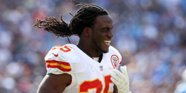 SAN DIEGO, CA - OCTOBER 19: Running back Jamaal Charles #25 of the Kansas City Chiefs celebrates after scoring on a 16 yard touchdown run against the San Diego Chargers in the second quarter at Qualcomm Stadium on October 19, 2014 in San Diego, California. (Photo by Stephen Dunn/Getty Images)