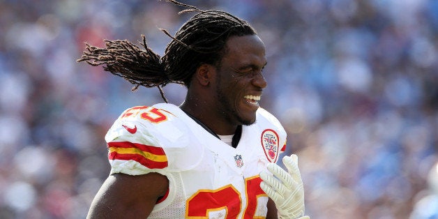 SAN DIEGO, CA - OCTOBER 19: Running back Jamaal Charles #25 of the Kansas City Chiefs celebrates after scoring on a 16 yard