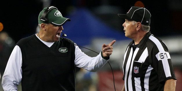 FOXBOROUGH, MA - OCTOBER 16: New York Jets head coach Rex Ryan yells at a referee after Jets quarterback Geno Smith was injured on a play in the fourth quarter. The New England Patriots took on the New York Jets in a Thursday Night Football game at Gillette Stadium. (Photo by Barry Chin/The Boston Globe via Getty Images)