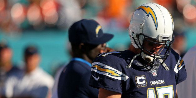 MIAMI GARDENS, FL - NOVEMBER 02: Philip Rivers #17 of the San Diego Chargers looks on during a game against the Miami Dolphins at Sun Life Stadium on November 2, 2014 in Miami Gardens, Florida. (Photo by Mike Ehrmann/Getty Images)