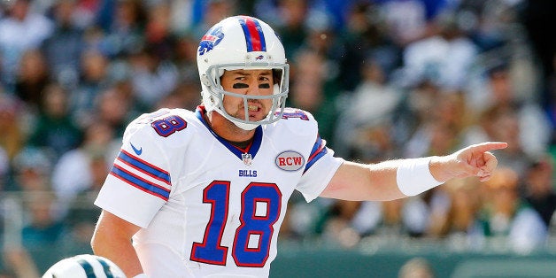 EAST RUTHERFORD, NJ - OCTOBER 26: (NEW YORK DAILIES OUT) Kyle Orton #18 of the Buffalo Bills in action against the New York Jets on October 26, 2014 at MetLife Stadium in East Rutherford, New Jersey. The Bills defeated the Jets 43-23. (Photo by Jim McIsaac/Getty Images)