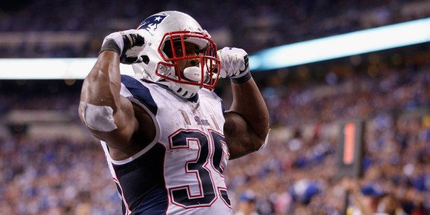 INDIANAPOLIS, IN - NOVEMBER 16: Jonas Gray #35 of the New England Patriots celebrates scoring his fourth touchdown against the Indianapolis Colts during the fourth quarter of the game at Lucas Oil Stadium on November 16, 2014 in Indianapolis, Indiana. (Photo by Joe Robbins/Getty Images)