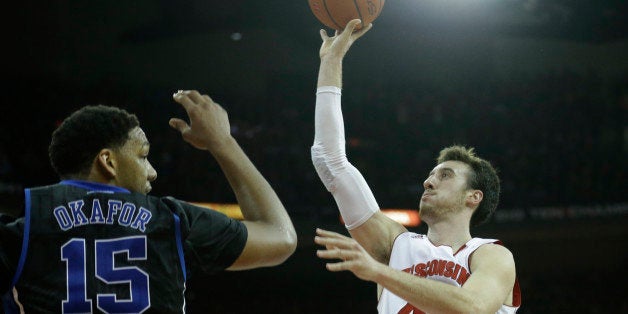 MADISON, WI - DECEMBER 03: Frank Kaminsky #44 of the Wisconsin Badgers drives to the hoop during the second half of play against the Duke Blue Devils at Kohl Center on December 03, 2014 in Madison, Wisconsin. (Photo by Mike McGinnis/Getty Images)