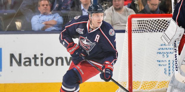 COLUMBUS, OH - OCTOBER 31: Jack Johnson #7 of the Columbus Blue Jackets skates with the puck against the Toronto Maple Leafs on October 31, 2014 at Nationwide Arena in Columbus, Ohio. (Photo by Jamie Sabau/NHLI via Getty Images) 