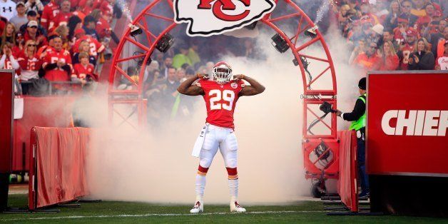 KANSAS CITY, MO - DECEMBER 01: Strong safety Eric Berry #29 of the Kansas City Chiefs runs through a fog machine while he is introduced prior to the game against the Denver Broncos at Arrowhead Stadium on December 1, 2013 in Kansas City, Missouri. (Photo by Jamie Squire/Getty Images) 
