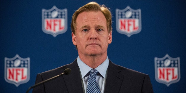 NEW YORK, NY - OCTOBER 08: NFL Commissioner Roger Goodell holds a press conference on October 8, 2014 in New York City. Goodell addressed the media at the conclusion of the annual Fall league meeting in the wake of a string of high-profile incidents, including the domestic violence case of Ray Rice. (Photo by Andrew Burton/Getty Images)