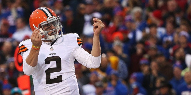 ORCHARD PARK, NY - NOVEMBER 30: Johnny Manziel #2 of the Cleveland Browns celebrates a touchdown against the Buffalo Bills during the second half at Ralph Wilson Stadium on November 30, 2014 in Orchard Park, New York. (Photo by Tom Szczerbowski/Getty Images)