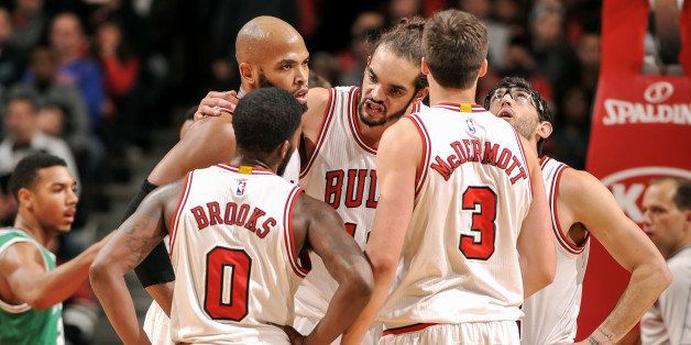CHICAGO, IL - NOVEMBER 8: The Chicago Bulls huddle during a game against the Boston Celtics on November 08, 2014 at the United Center in Chicago, Illinois. NOTE TO USER: User expressly acknowledges and agrees that, by downloading and or using this Photograph, user is consenting to the terms and conditions of the Getty Images License Agreement. Mandatory Copyright Notice: Copyright 2014 NBAE (Photo by Randy Belice/NBAE via Getty Images)