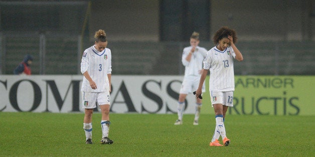 VERONA, ITALY - NOVEMBER 27: Italy players show their dejection after the FIFA Women's World Cup Qualifier match between Ita