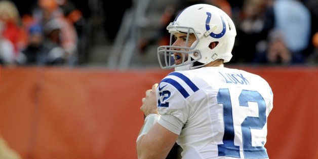 CLEVELAND, OH - DECEMBER 7, 2014: Quarterback Andrew Luck #12 of the Indianapolis Colts drops back to pass during a game against the Cleveland Browns on December 7, 2014 at FirstEnergy Stadium in Cleveland, Ohio. Indianapolis won 25-24. (Photo by Nick Cammett/Diamond Images/Getty Images) 