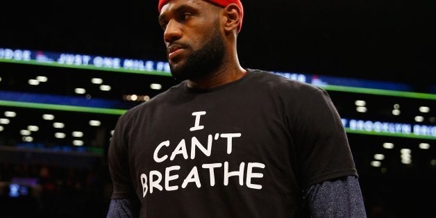 NEW YORK, NY - DECEMBER 08: LeBron James #23 of the Cleveland Cavaliers wears an 'I Can't Breathe' shirt during warmups before his game against the Brooklyn Nets during their game at the Barclays Center on December 8, 2014 in New York City. NOTE TO USER: User expressly acknowledges and agrees that, by downloading and or using this photograph, User is consenting to the terms and conditions of the Getty Images License Agreement. (Photo by Al Bello/Getty Images)