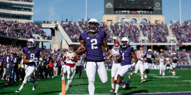 FORT WORTH, TX - DECEMBER 06: Quarterback Trevone Boykin #2 of the TCU Horned Frogs scores on a 55 yard touchdown reception against the Iowa State Cyclones during the first quarter of the Big 12 college football game at Amon G. Carter Stadium on December 6, 2014 in Fort Worth, Texas. (Photo by Christian Petersen/Getty Images)