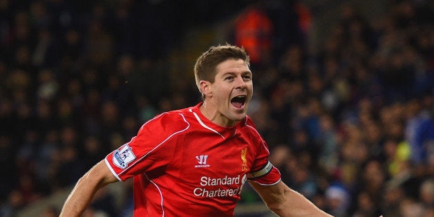 LEICESTER, ENGLAND - DECEMBER 02: Steven Gerrard of Liverpool celebrates after scoring his team's second goal during the Bar