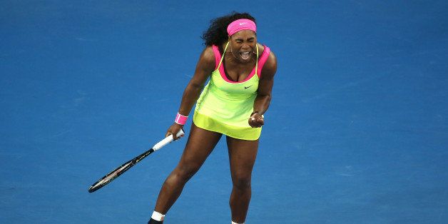 MELBOURNE, AUSTRALIA - JANUARY 20: Serena Williams of the United States celebrates winning her first round match against Alison Van Uytvanck of Belgium during day two of the 2015 Australian Open at Melbourne Park on January 20, 2015 in Melbourne, Australia. (Photo by Michael Dodge/Getty Images)