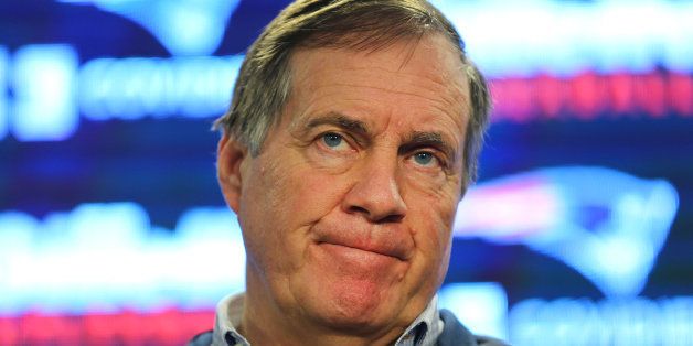 FOXBOROUGH, MA - JANUARY 22: New England Patriots Coach Bill Belichick speaks to the media on January 22, 2015 on issues surrounding under-inflated footballs used during the AFC Championship Game. (Photo by John Tlumacki/The Boston Globe via Getty Images)