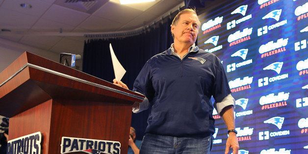 FOXBOROUGH, MA - JANUARY 22: New England Patriots Coach Bill Belichick speaks to the media on January 22, 2015 on issues surrounding under-inflated footballs used during the AFC Championship Game. (Photo by John Tlumacki/The Boston Globe via Getty Images)
