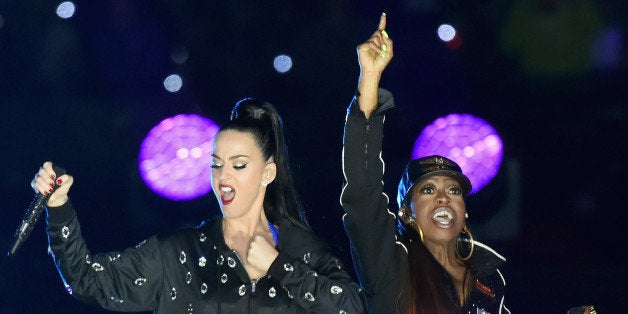 GLENDALE, AZ - FEBRUARY 01: Recording artists Katy Perry (L) and Missy Elliott perform onstage during the Pepsi Super Bowl XLIX Halftime Show at University of Phoenix Stadium on February 1, 2015 in Glendale, Arizona. (Photo by Jeff Kravitz/FilmMagic)