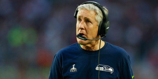 GLENDALE, AZ - FEBRUARY 01: Head coach Pete Carroll of the Seattle Seahawks looks on from the sideline in the second quarter