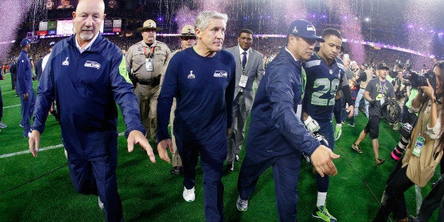 GLENDALE, AZ - FEBRUARY 01: Head coach Pete Carroll of the Seattle Seahawks leaves the field after losing 28-24 to the New England Patriots during Super Bowl XLIX at University of Phoenix Stadium on February 1, 2015 in Glendale, Arizona. (Photo by Christian Petersen/Getty Images)