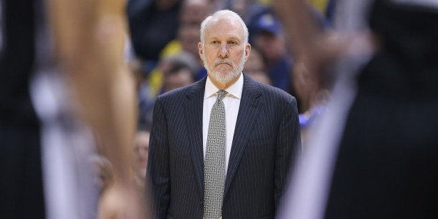 INDIANAPOLIS, IN - FEBRUARY 09: Gregg Popovich the head coach of the San Antonio Spurs with a victory tonight against the In