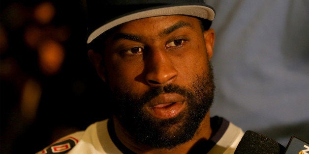 CHANDLER, AZ - JANUARY 28: Brandon Browner #39 of the New England Patriots speaks to the media during the New England Patrio