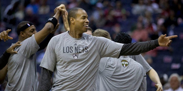 Jason Collins of the Brooklyn Nets before a game against the Washington Wizards at the Verizon Center on March 15, 2014 in Wa