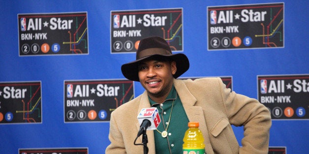 NEW YORK, NY - FEBRUARY 15: Carmelo Anthony of the Western Conference All-Stars talks to the media during the 2015 NBA All-Star Game as part of the 2015 All-Star Weekend at Madison Square Garden on February 15, 2015 in New York, New York. NOTE TO USER: User expressly acknowledges and agrees that, by downloading and/or using this photograph, user is consenting to the terms and conditions of the Getty Images License Agreement. Mandatory Copyright Notice: Copyright 2015 NBAE (Photo by Melanie Fidler/NBAE via Getty Images)